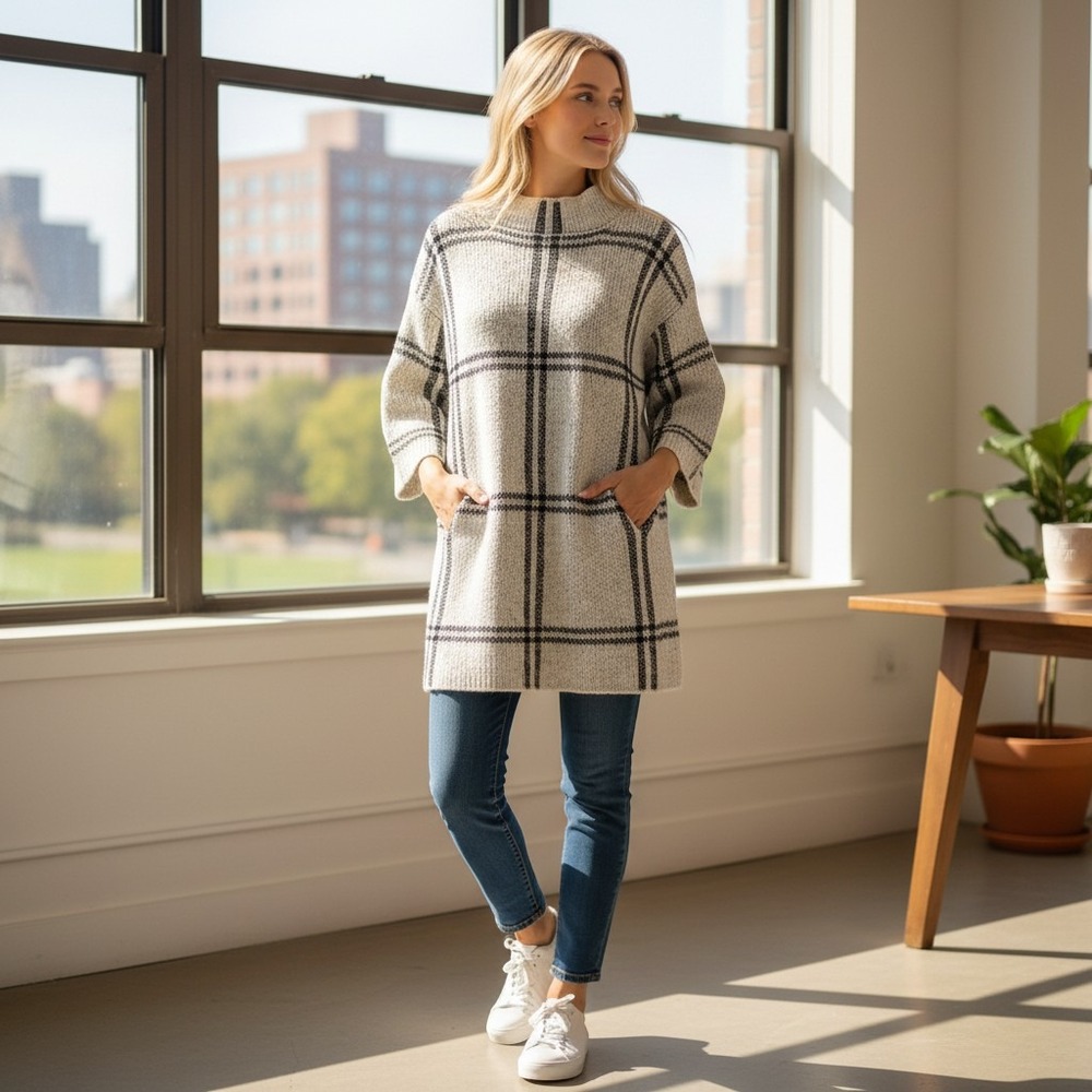 By Malene Birger Sz XXS Grey Oversized Windowpane Plaid Mock Neck Sweater Dress